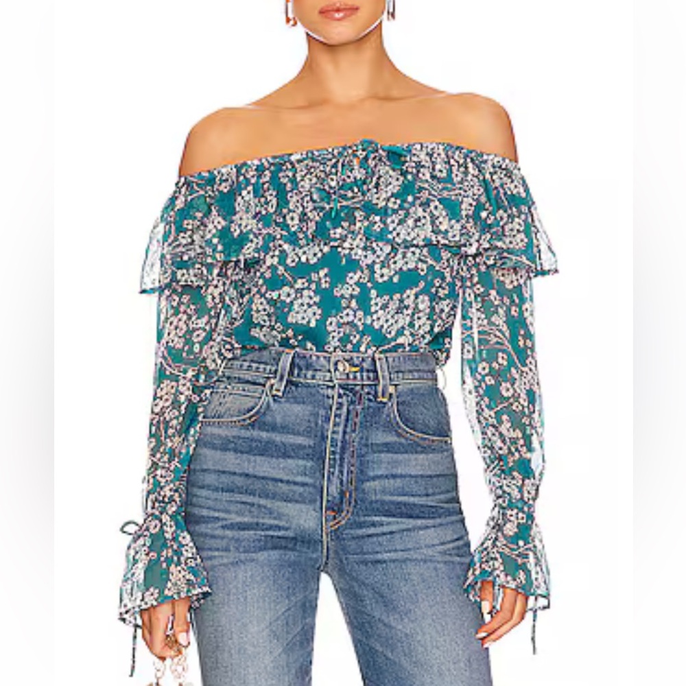 x REVOLVE Vada Bodysuit in Teal Floral Multi HOUSE OF HARLOW 1960 Like New SZ S